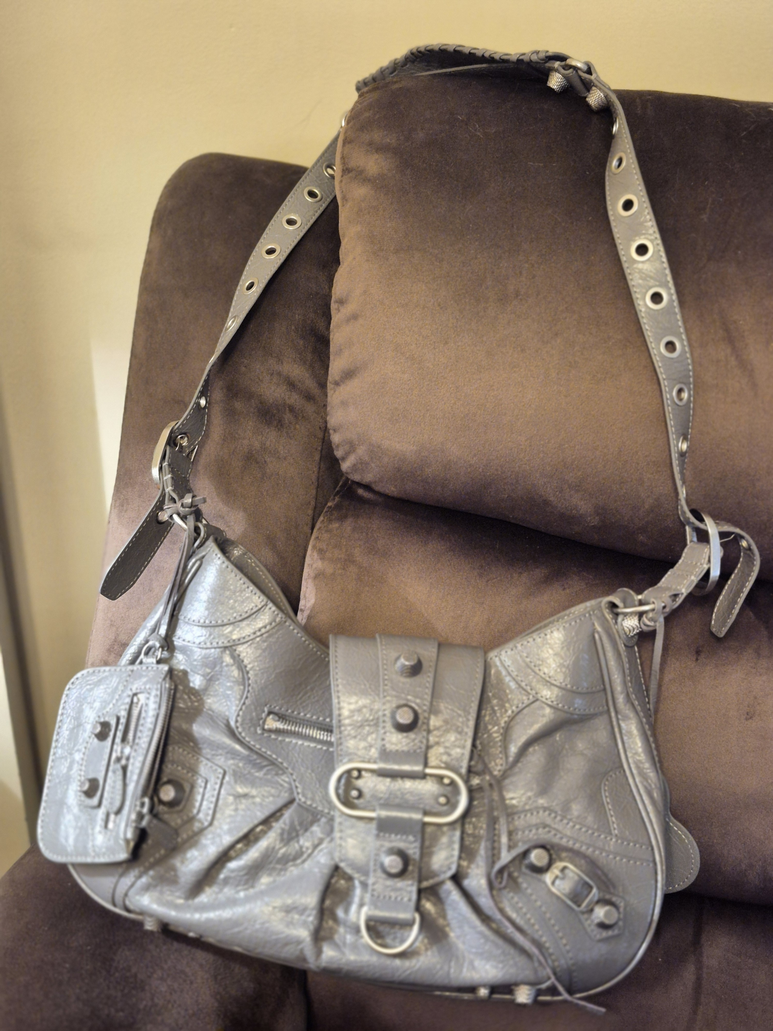 Gray Leather Shoulder Bag With Handcrafted Shoulder Strap
